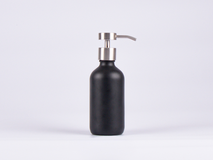 Schwarzglasflasche 250ml, mit Dispenser Edelstahl